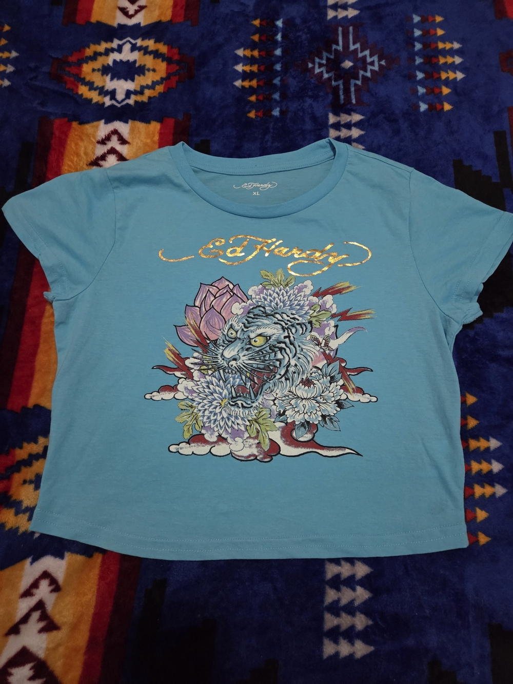 Ed Hardy Turquoise Womans' Short Sleeve Tee with Floral Tiger Graphic